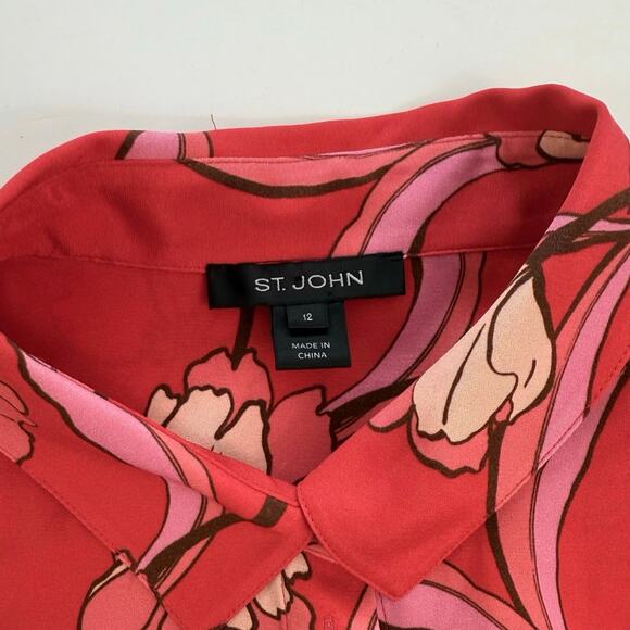 St. John Stretch Silk Button-Down Long Sleeve Shirt Poppy Red Floral 12 - Picture 9 of 12